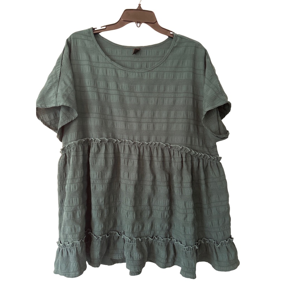 Emery Rose Plus‎ Size 1XL Dark Teal Green Textured Babydoll Ruffle Top Blouse